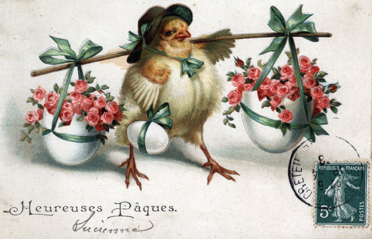 Grußkarte zu Ostern: Ein Küken trägt Eier, gefüllt mit Rosen - Postkarte von 1908. von Unbekannt