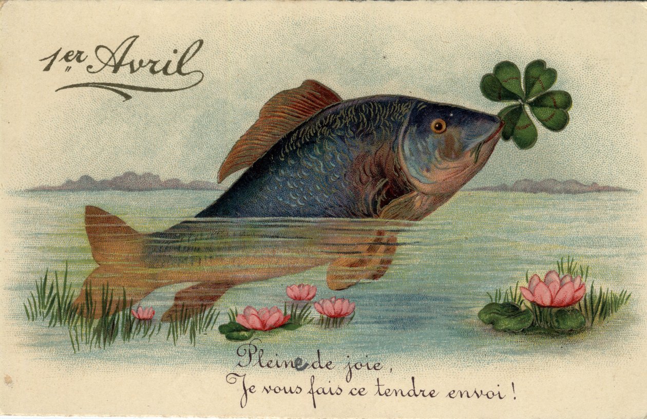 Grußkarte zum 1. April: Fisch mit einem vierblättrigen Kleeblatt - Postkarte Ende 19. bis Anfang 20. Jahrhundert von William M. Timlin