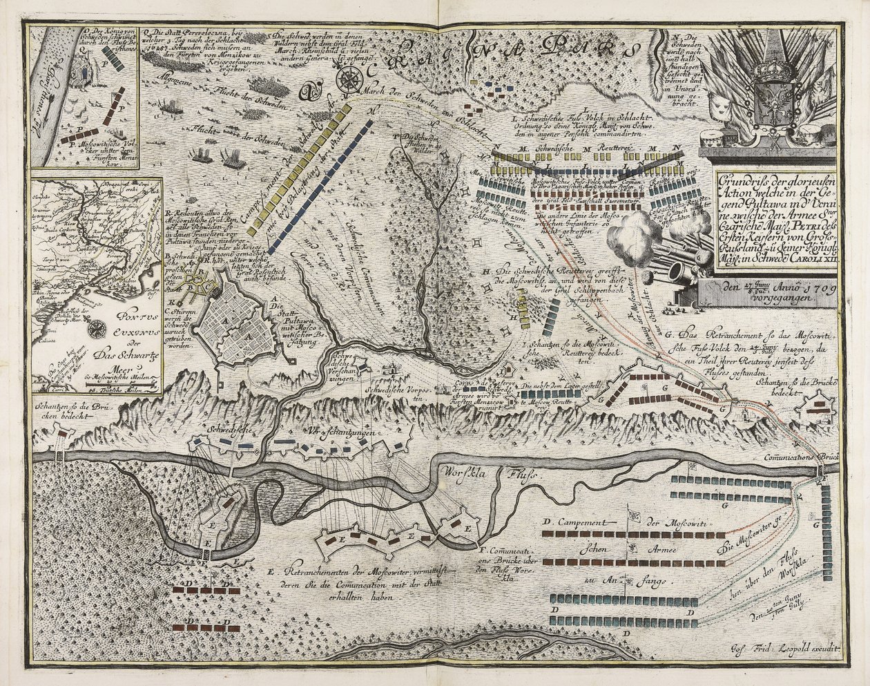 Grundriss der glorreichen Aktion in der Gegend von Pultawa in der Ukraine zwischen der Armee Seiner Zaren Majestät Peter dem Ersten Kaiser von Großrussland und seiner Königlichen Majestät in Schweden Karl XII am 27. Juni-8. Juli anno 1709 von Unbekannter Künstler