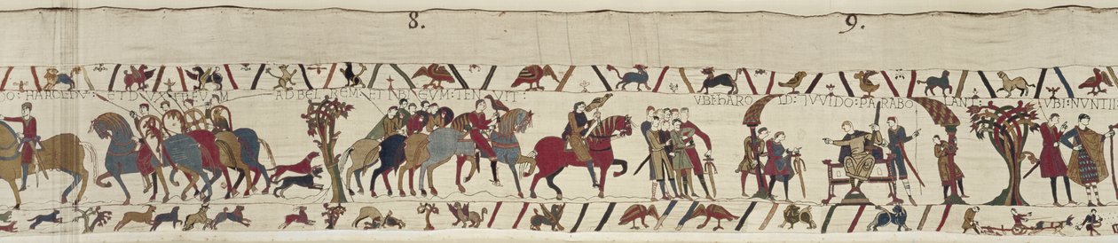 Guy von Ponthieu nimmt Harold als Gefangenen zur Burg Beaurain, Bayeux-Tapisserie von Unbekannt