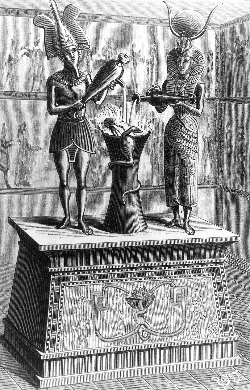 Wunderbarer Altar des Heron von Alexandria (1. Jahrhundert n. Chr.): Wenn das Feuer im Altar entzündet wird, gießen die Statuen Wein und Milch und die Schlangen zischen, Gravur von Unbekannter Künstler