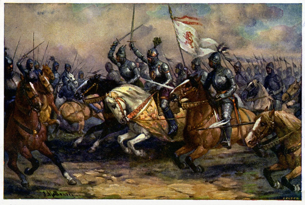 Geschichte. Frankreich. Hundertjähriger Krieg. Der König Johann von Böhmen (Johann der Blinde) in der Schlacht von Crécy, 26. August von Unbekannter Künstler