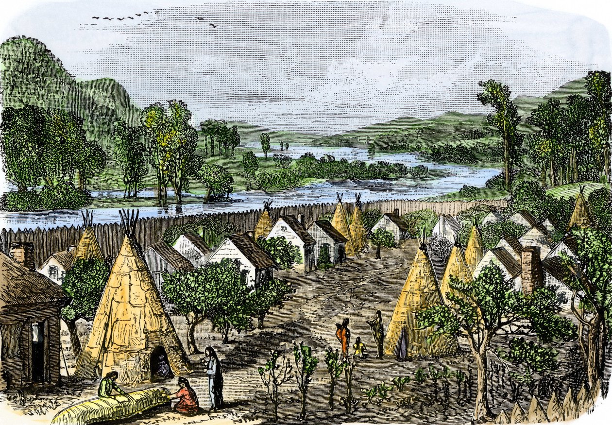 Geschichte der indigenen Völker: Mohawk-Dorf, New York, um 1780. Farbige Gravur des 19. Jahrhunderts von Unbekannter Künstler