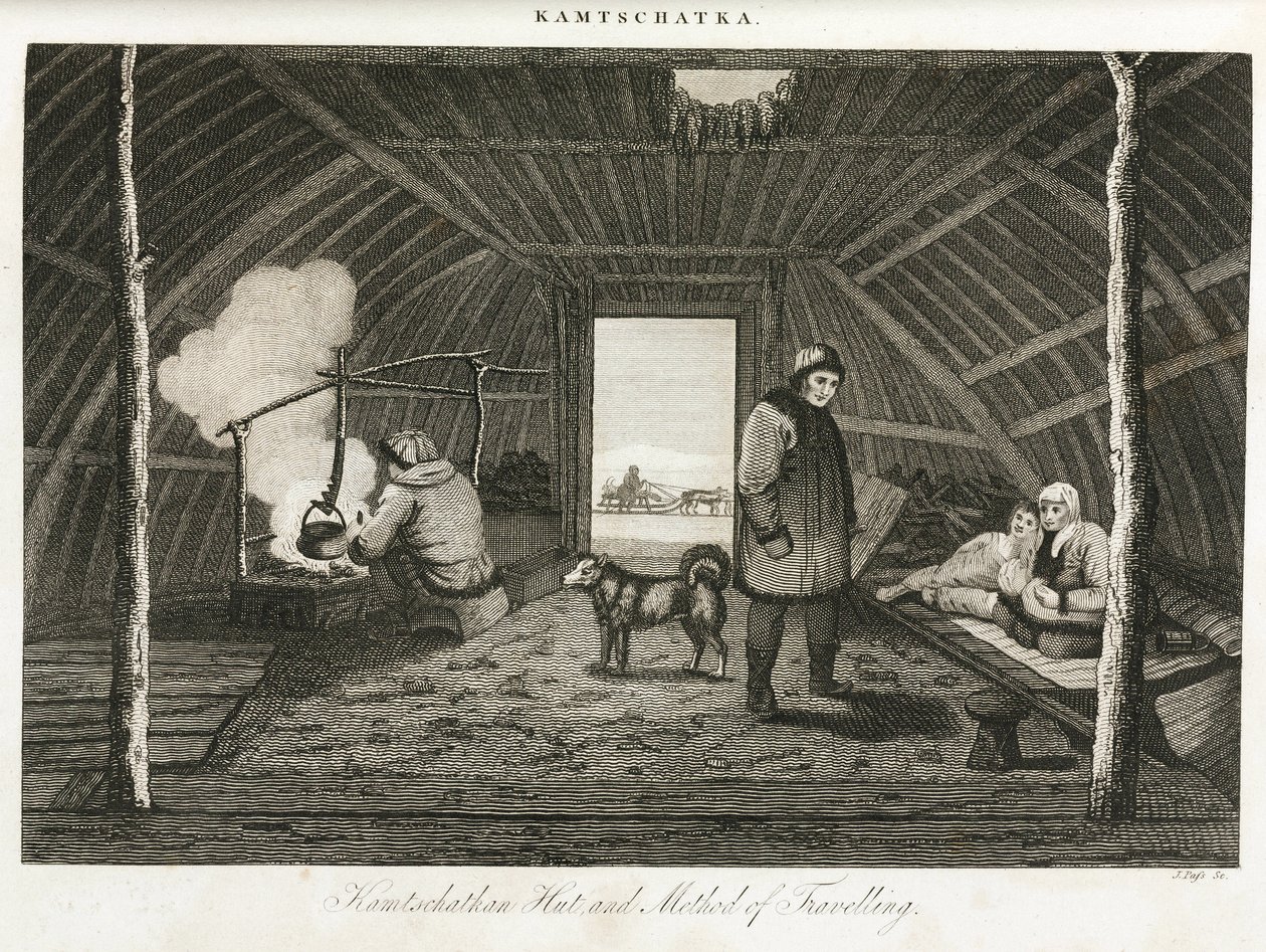 Hütte von Kamtschatka (Halbinsel im äußersten Osten Russlands) und Transportschlitten, um 1810 von Unbekannt