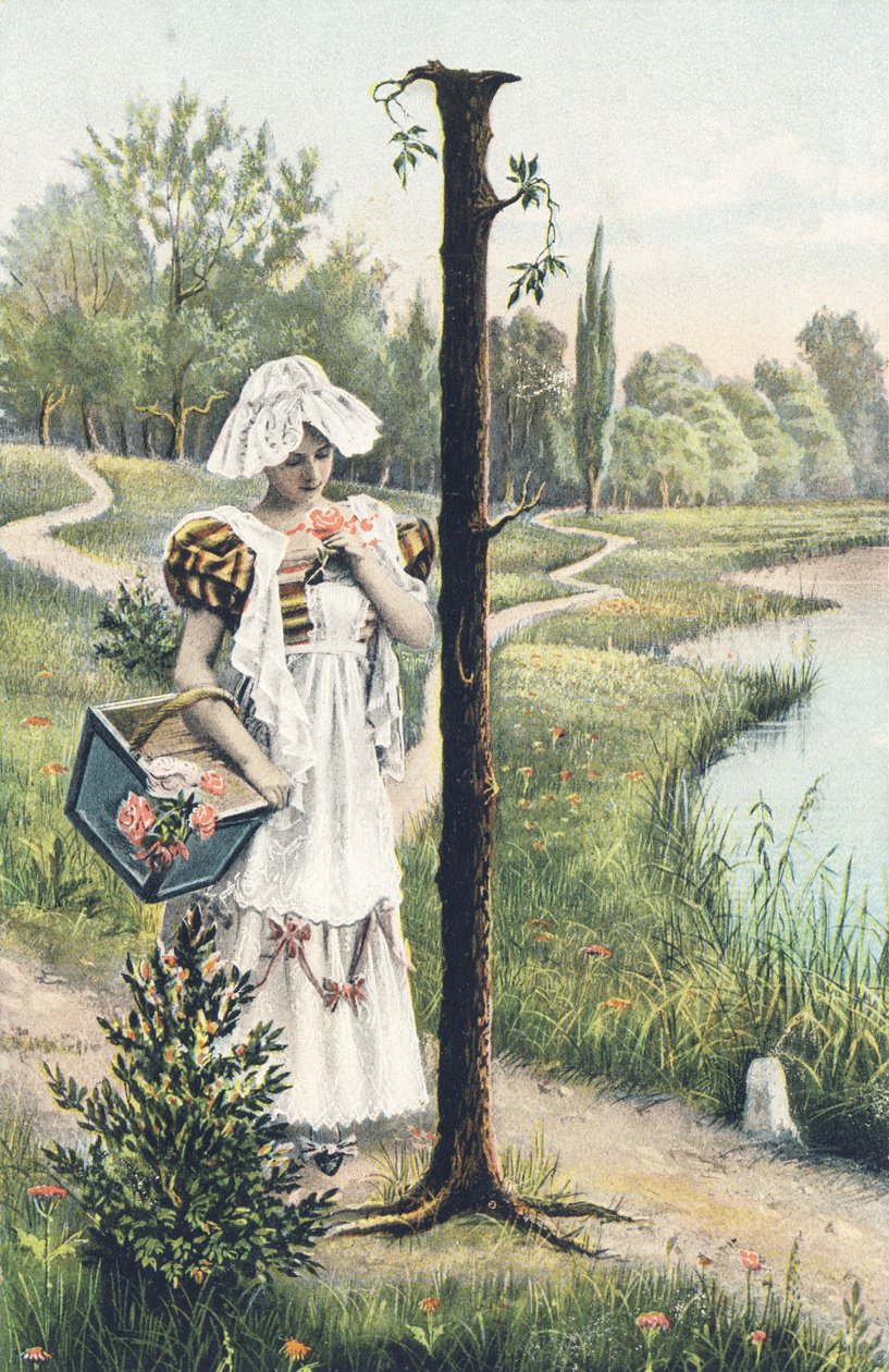 I: Eine Frau in Kleid, Schürze und Haube hält einen Korb auf ihrem rechten Arm. Ländliche Umgebung - Alphabet Figuren Ref Th. E., L. Theochrom - Serie 994. Theodor Eisman, Verleger, Leipzig von Unbekannt