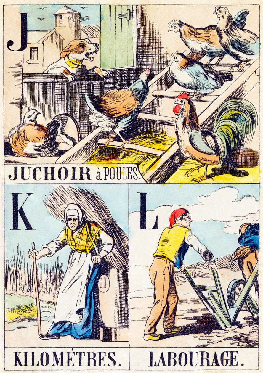 J K L: Hühnerstall, Kilometer, Pflügen - „Alphabet des Bauernhofs“ Ende des 19. Jahrhunderts (Gravur) von Unbekannt