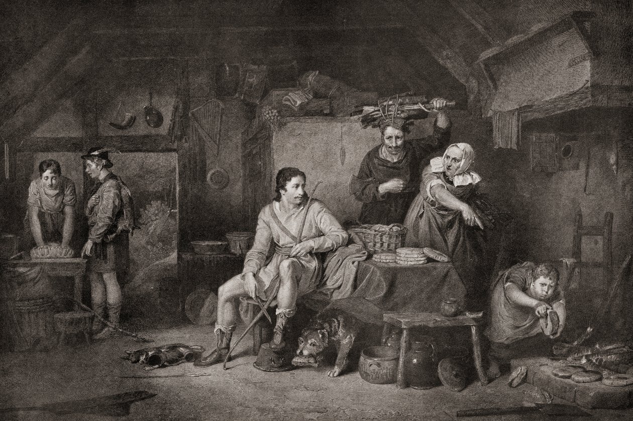 König Alfred in der Hütte des Hirten. Alfred der Große, ca. 848–899. König von Wessex. Die Legende erzählt, wie Alfred, als er in die Somerset Levels floh, von einer Bäuerin Unterschlupf erhielt, die, ohne seine Identität zu kennen, ihn bat, einige Kuchen  von Unbekannter Künstler
