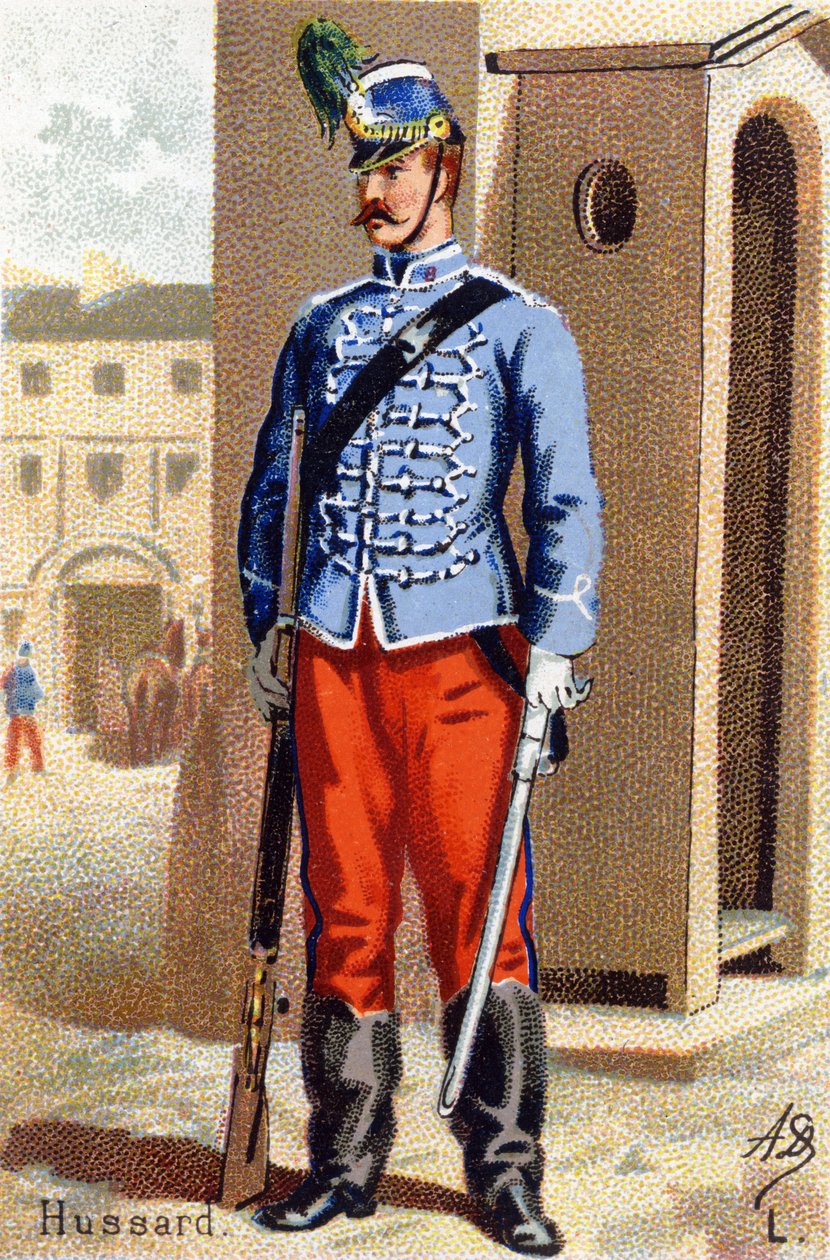 L: Husar. Gravur in "Militäralphabet". Initialen des Illustrators: A. D. Unbekannter Herausgeber. Chromolithographien Ende des 19. Jahrhunderts. von Unbekannt