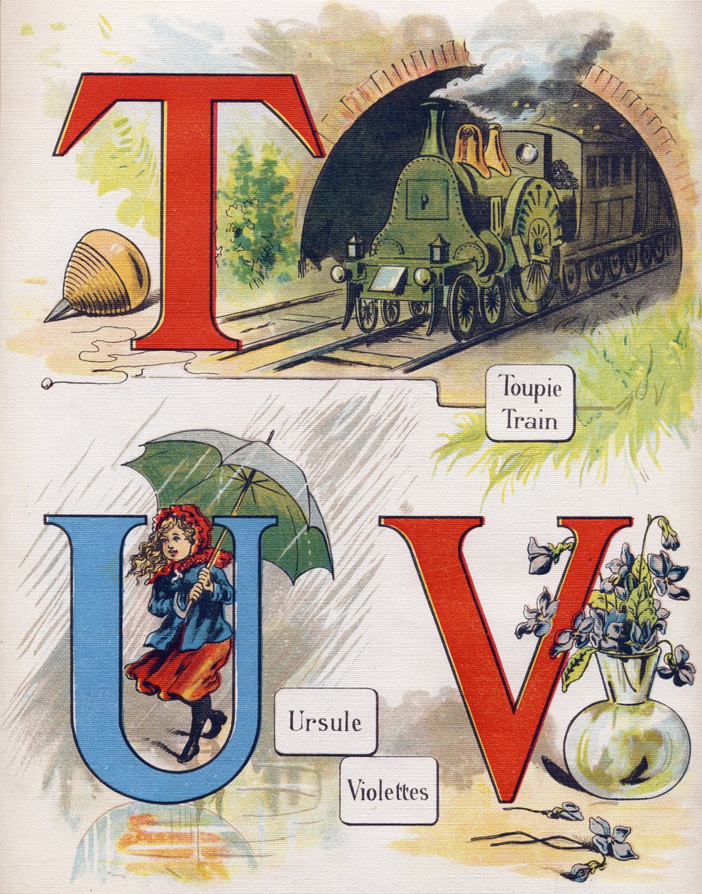 Buchstaben T, U und V: Kreisel, Zug, Ursula und Veilchen. Gravur in "ABC L