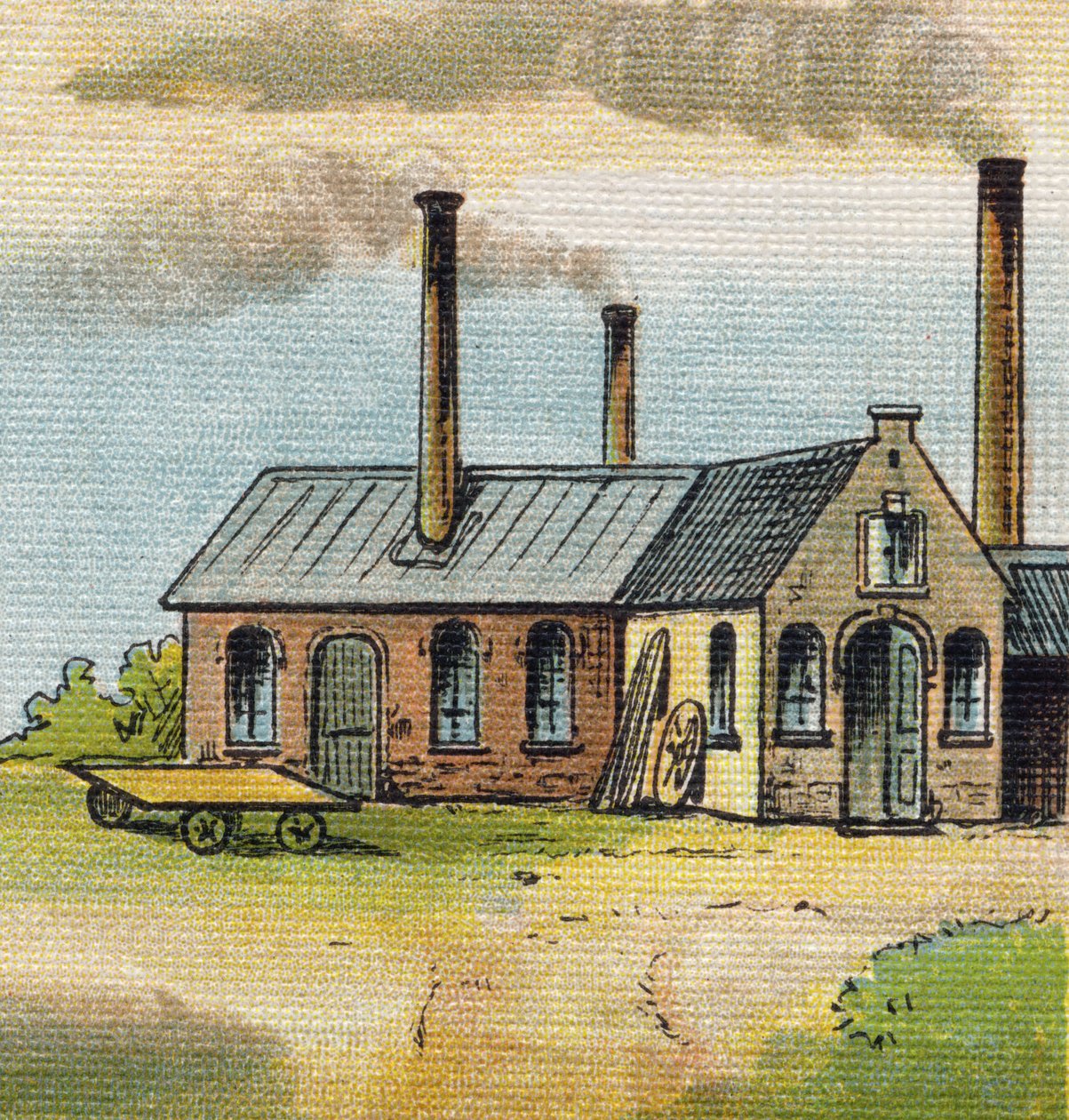 Buchstabe U: Fabrik. Gravur in "Alphabet de ma petite fille". Bernardin-Bechet und Fils, Buchhändler-Verleger, Paris, um 1895. Unzerbrechliches Album auf Leinwand. Bibliotheque des Bebes. 12 Seiten. Album mit einer Lesemethode und einem illustrierten Abece von Unbekannt