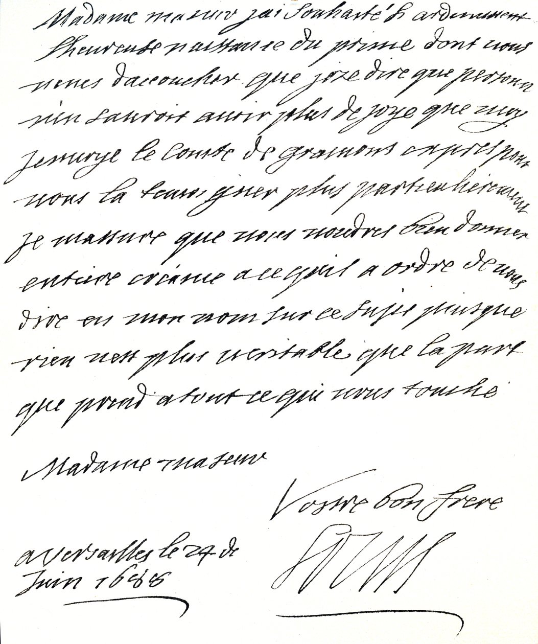 Brief von Ludwig XIV. an Maria von Modena, in dem er ihr zur Geburt eines Prinzen, James Edward, Prinz von Wales, gratuliert von Unbekannt