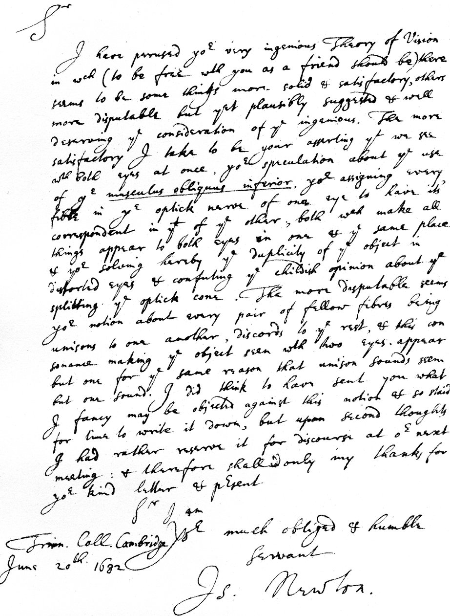 Brief von Sir Isaac Newton an William Briggs, M.D., geschrieben vom Trinity College, Cambridge, 20. Juni von Unbekannt