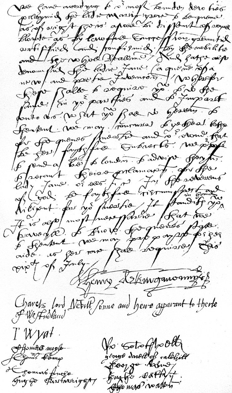 Brief von Unterstützern von Königin Maria I. in Kent an Sir Nicholas Pelham und die Herren von Sussex, in dem die Proklamation von Lady Mary als Königin verkündet und Lady Jane Grey verurteilt wird von Unbekannt