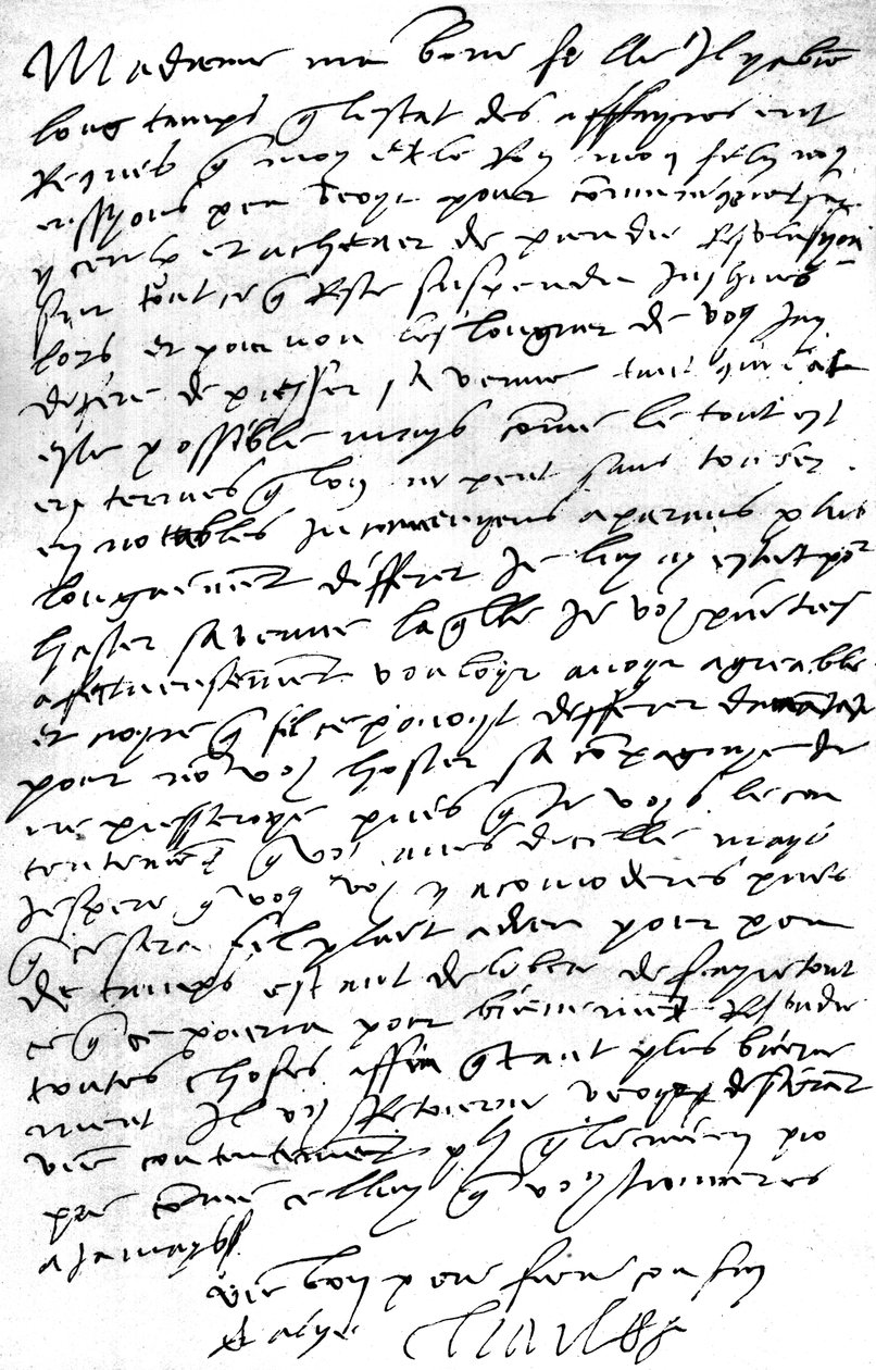 Brief, auf Französisch, von Kaiser Karl V. an seine Schwiegertochter, Königin Maria I. von England, in dem er seinen Wunsch äußert, seinen Sohn König Philipp, ihren Ehemann, zu sehen, um mit ihm über Angelegenheiten zu beraten, und sein Bedauern über die N von Unbekannt