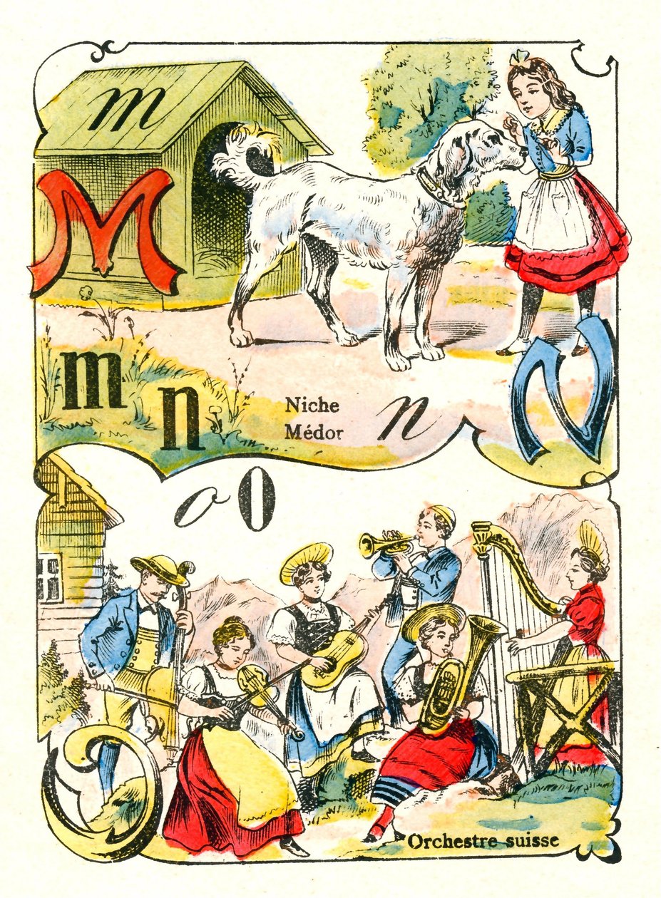 Buchstaben M N und O als Medor, Nische und Schweizer Orchester. Gravur in "Fun Alphabet". Imaging von Pont-a-Mousson. Druck und Verlag Louis Vagne, Ende des 19. Jahrhunderts von Unbekannt