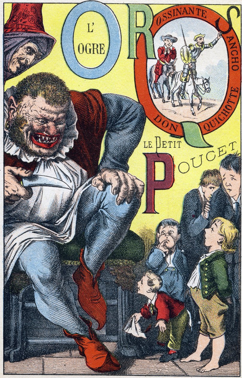 Buchstaben: O P Q R S - Der Oger und der Peucet, Don Quijote, Rossinante und Sancho - Gravur in "ABC Les Images en Alphabet" - Epinal-Bildgebung - Pellerin und Cie, Drucker-Verleger, Epinal, Ende des 19. Jahrhunderts, circa 1890. von Unbekannt