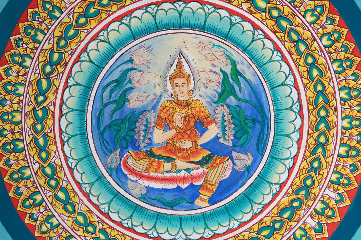 Leben Buddhas. Deckenmalerei, die das Leben Buddhas darstellt. Wat Inpeng. Vientiane, Laos von Unbekannt