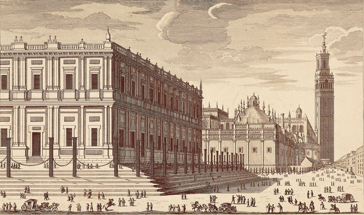 Lonja de Comercio und Teilansicht der Kathedrale von Sevilla. Gravur. Spanien. Madrid. Nationalbibliothek von Unbekannter Künstler
