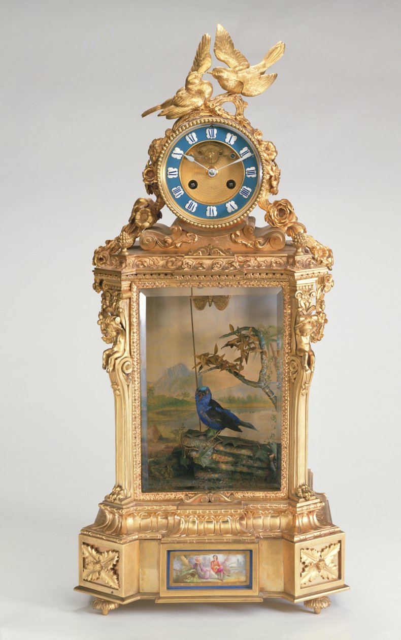 Kaminuhr, porzellanmontiertes Ormolu, mit singendem Vogelautomaten, französisch von Unbekannt
