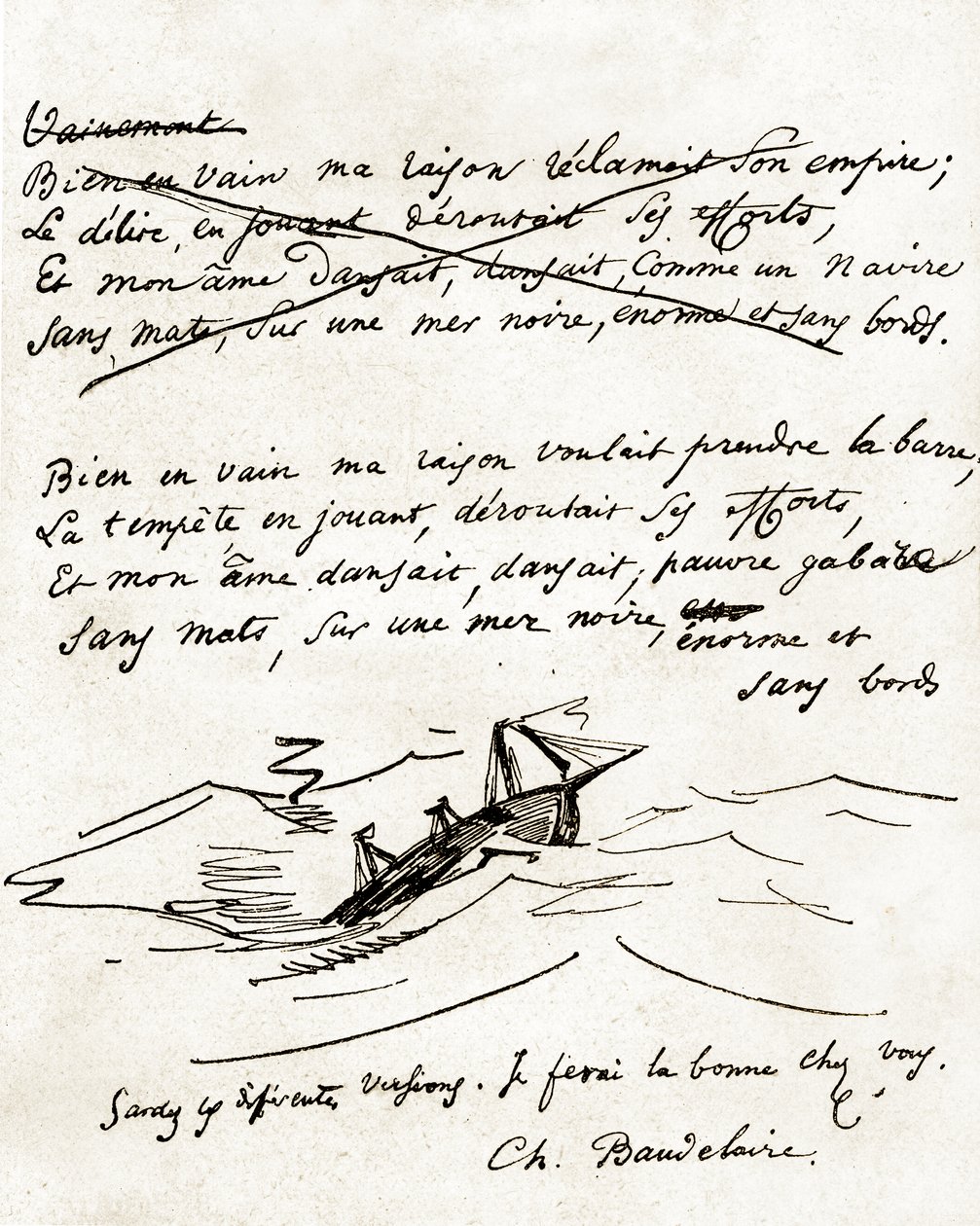 Manuskript von Charles Baudelaire, illustriert mit einer Zeichnung eines Bootes von Unbekannter Künstler