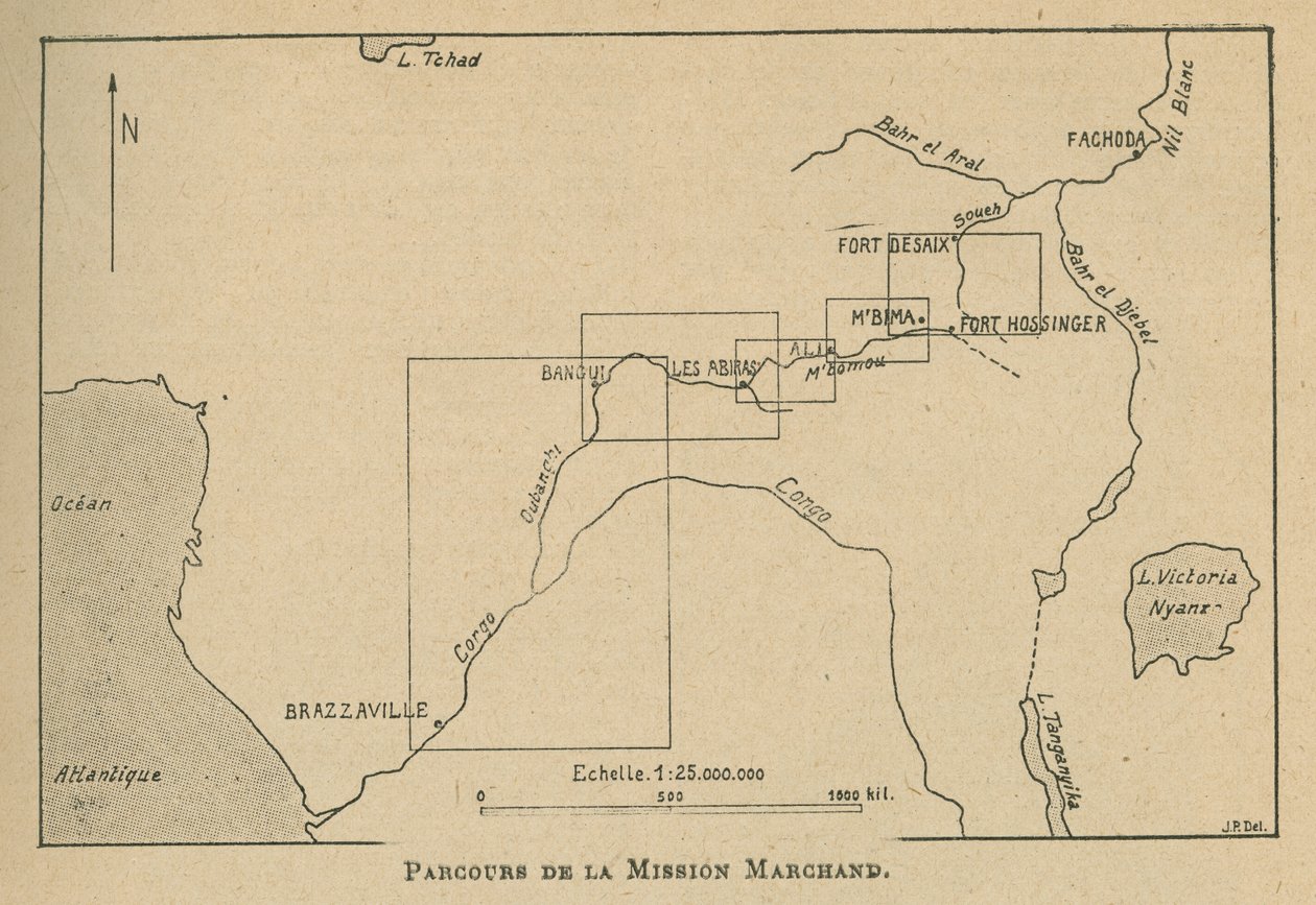 Karte, die die Route der Marchand-Mission im Jahr 1898 zeigt (Lithografie) von Unbekannt