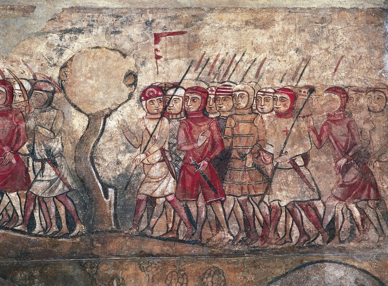 Militärversammlung unter Vorsitz von König Jakob I. von Aragon, bekannt als der Eroberer, Fresko des Palau Reial Major, Barcelona von Unbekannter Künstler