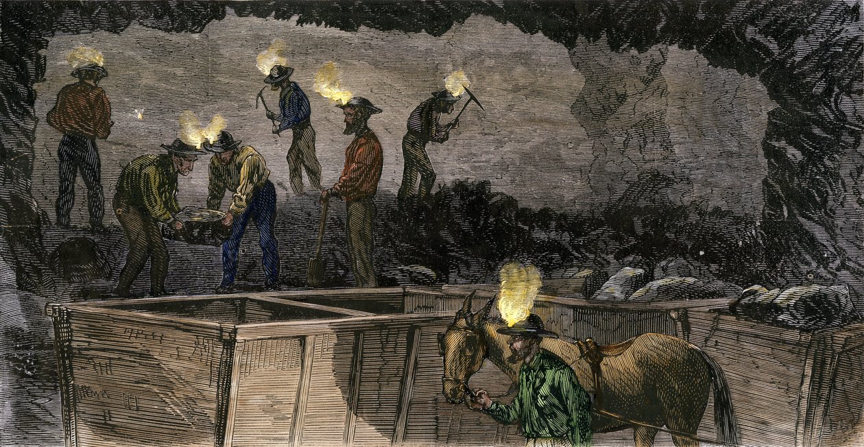 Bergleute graben die Mine und laden die Kohle in kleine Wagen, die von Maultieren gezogen werden, in Pennsylvania. Farbige Gravur von 1860 von Unbekannter Künstler