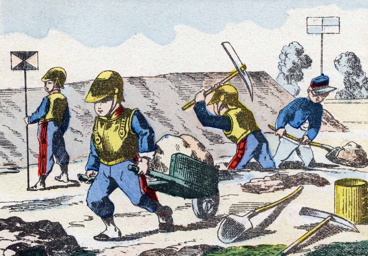 Minenarbeiter. Gravur in "Alphabet militaire enfantin". Bildgebung von Pont-a-Mousson, um 1890. 20 Seiten. von Unbekannt