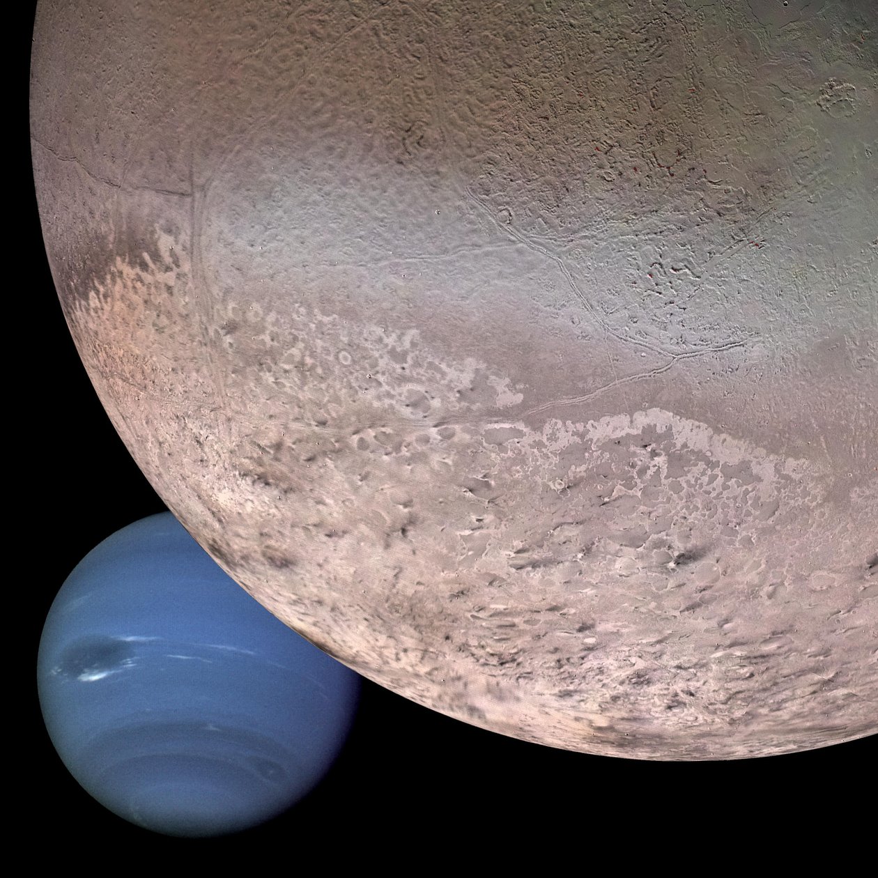 Montage von Neptun und seinem Mond Triton von Unbekannt