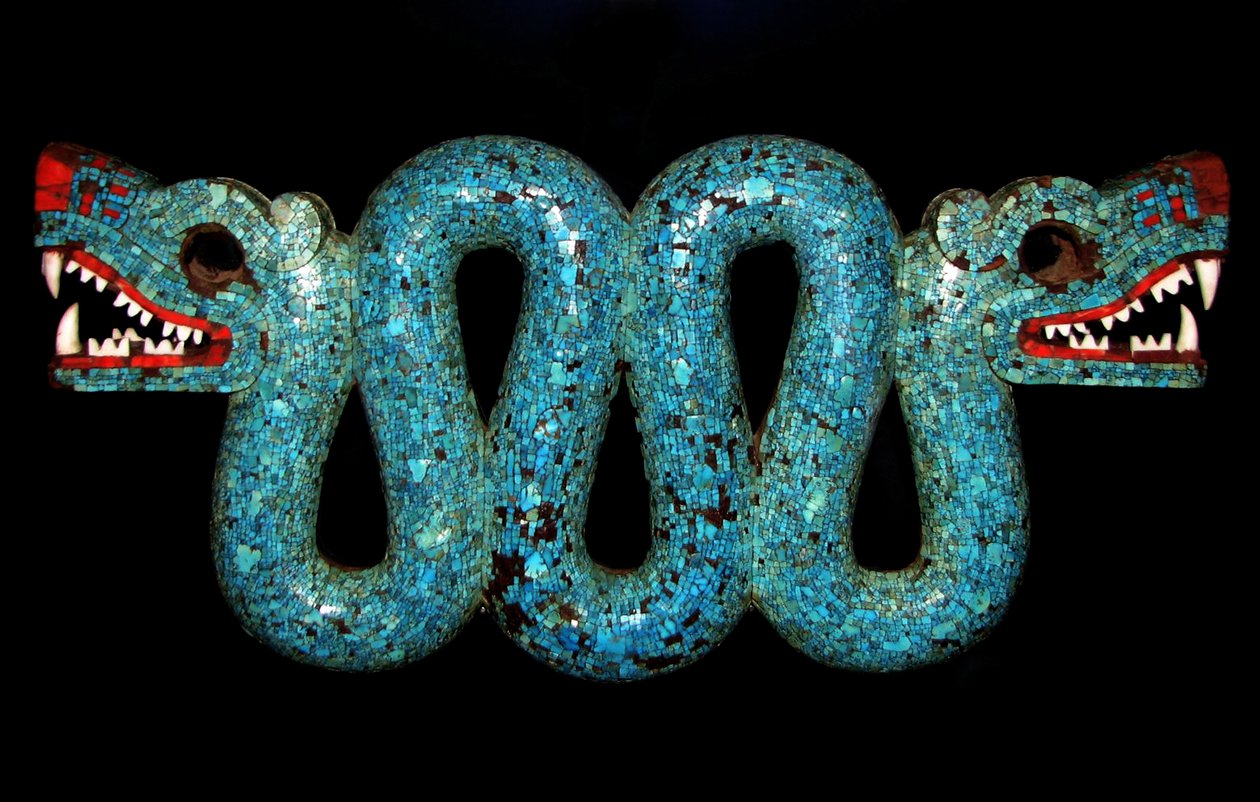 Mosaik einer doppelköpfigen Schlange zur Verwendung als zeremonieller Brustschmuck. Aztekisch, Mixtekisch, Mexiko. 15.-16. Jahrhundert n. Chr. von Unbekannter Künstler