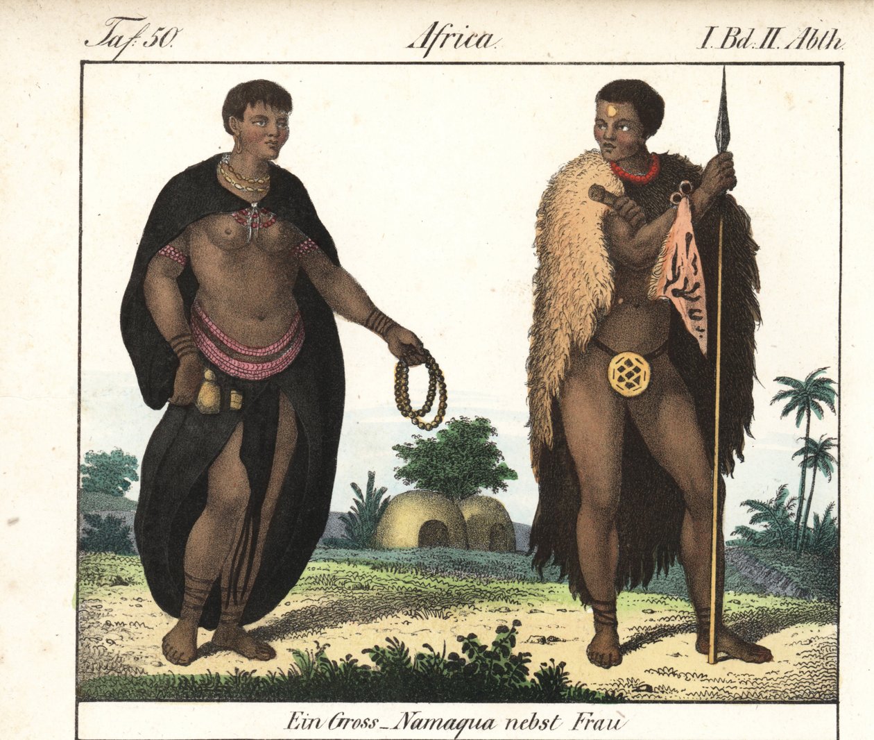 Nama-Paar (Südafrika). Lithographie aus dem Buch: „Galerie complète en tableaux fidèles des peuples d