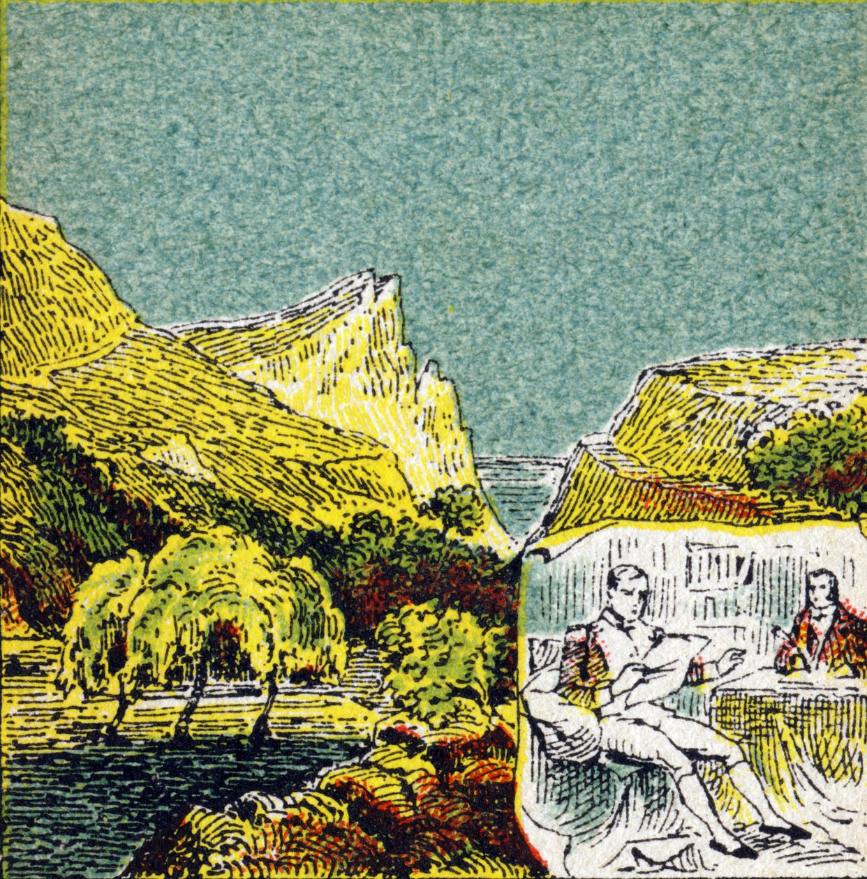 Napoleon I. Bonaparte im Exil auf der Insel Sainte Helene. Gravur in "Histoire de France". Serie von Werbebildern, veröffentlicht im Auftrag von Louit, 24 rue d