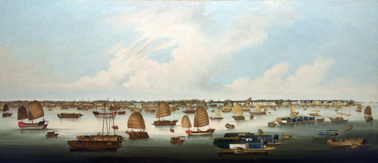 Navigation auf dem Perlfluss (oder Zhu Jiang, Kantonfluss), vor der Küste der Insel Henan, mit Blick auf die europäischen Fabriken in Kanton (China) von Unbekannter Künstler