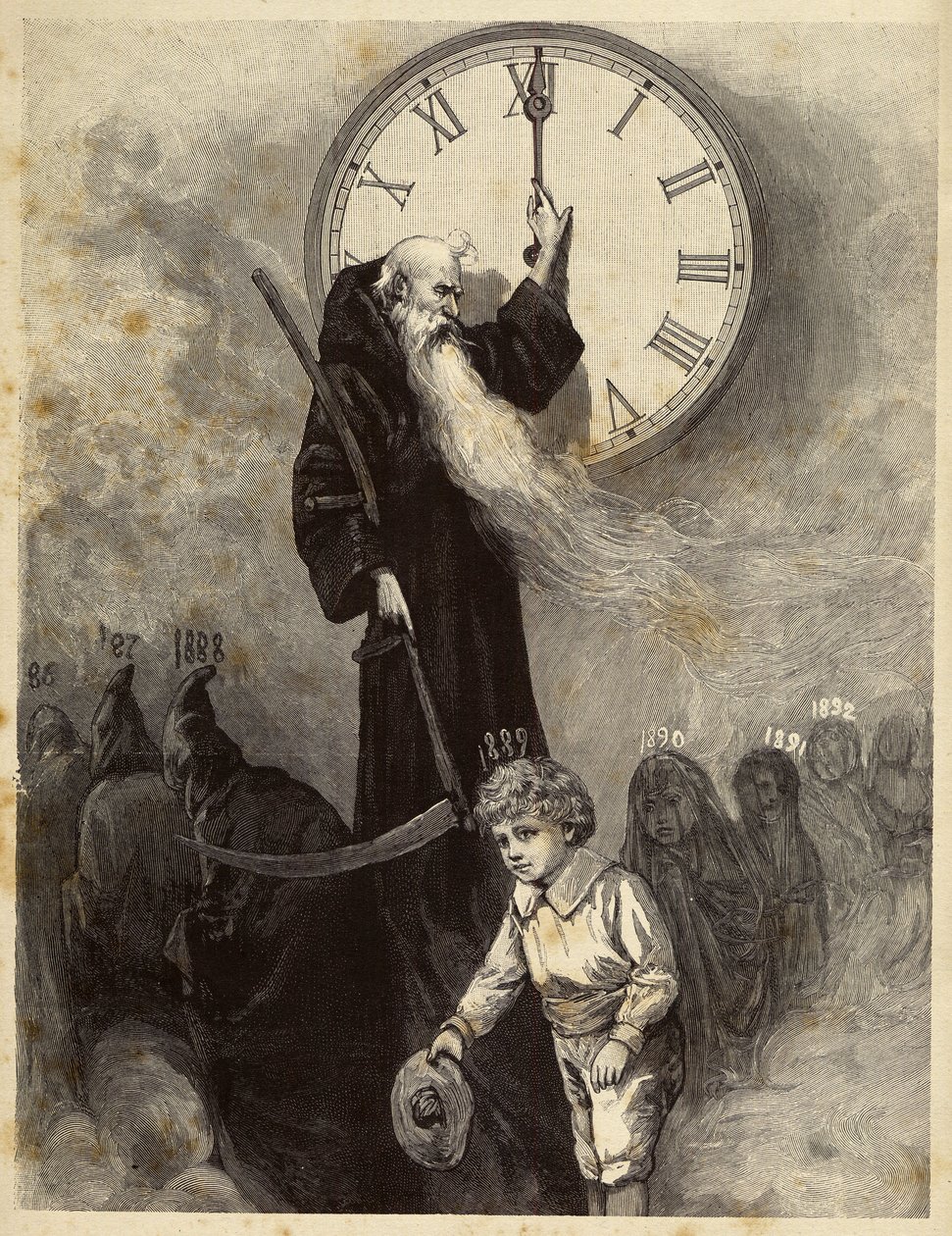 Neujahrsallegorie 1889, die ein altes Gewölbe darstellt, das das alte Jahr symbolisiert, das einem lächelnden kleinen Jungen Platz macht, der das neue Jahr symbolisiert. Die Zeit schaut auf die Szene, indem sie die Zeiger einer Uhr dreht. Gravur aus dem 19 von Unbekannter Künstler