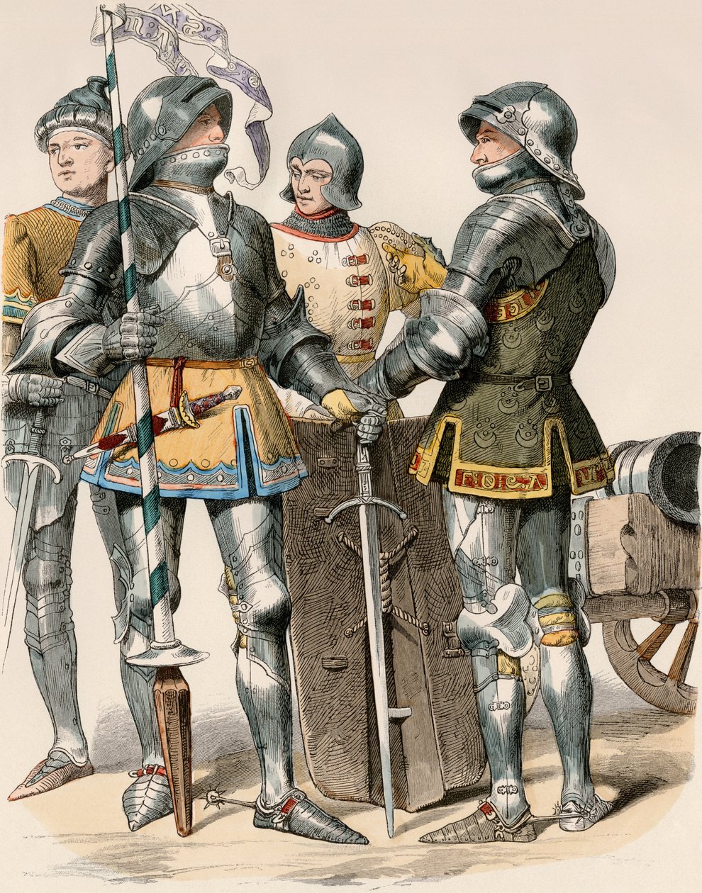 Edle Ritter des Herzogtums Burgund (Frankreich), in Rüstung und Waffe, mit einer Kanone von Unbekannter Künstler