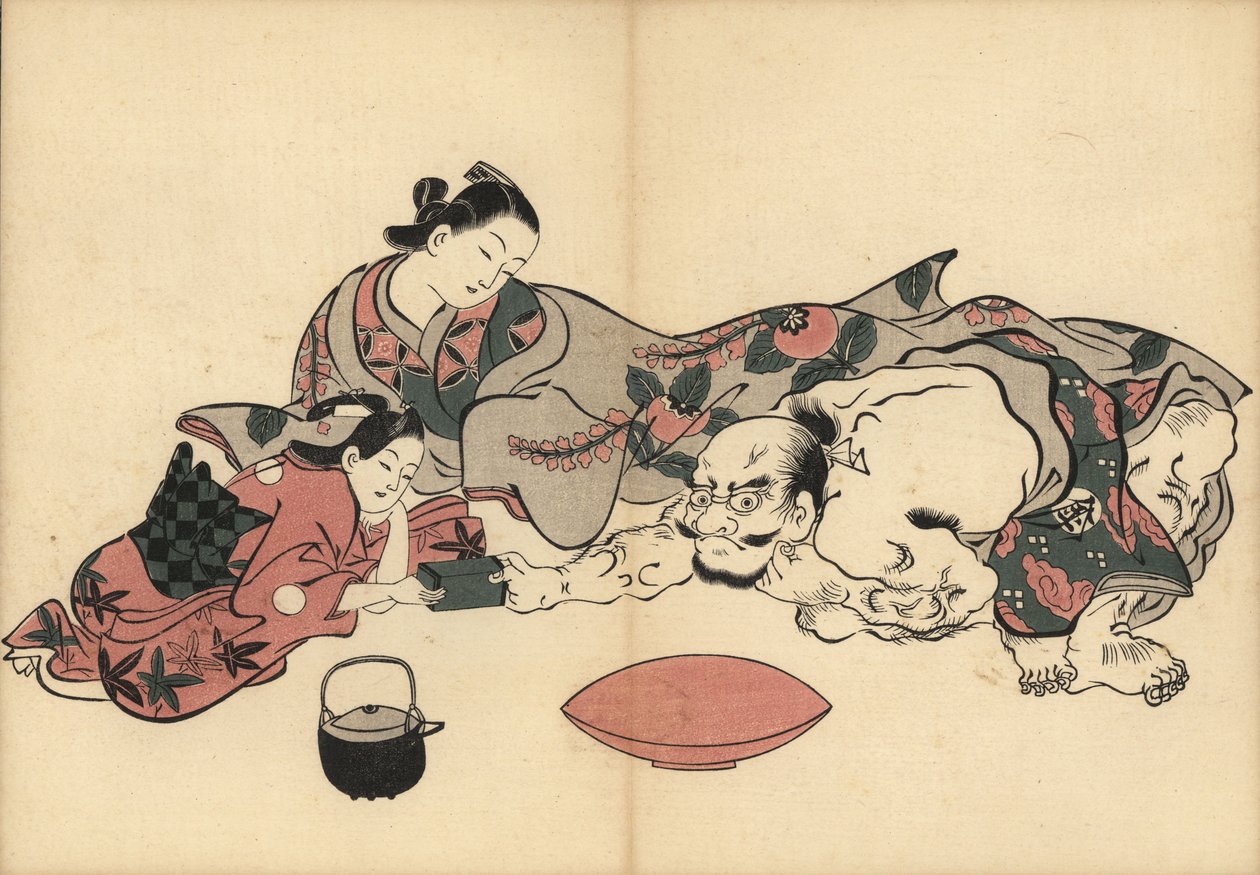 Oiran-Kurtisane beobachtet einen Krafttest zwischen ihrer Kamuro (Magd) und Kinpira, dem berühmten starken Mann. Ein Krug Sake und eine Trinkschale davor. Holzschnitt von Masanobu Okumura (1686-1764) aus Fuzoku Emakimono, Bildrolle des Wasserhandels, Tokio von Unbekannter Künstler