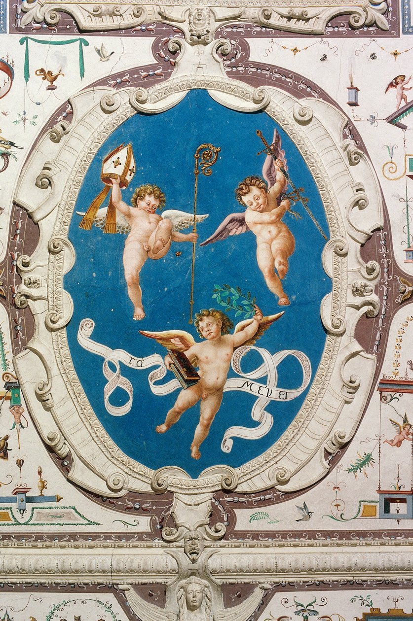 Oval, das drei Putti darstellt (1560), (Detail) der Decke der Halle der Grotesken, Della Manta Schloss, Manta (Cuneo), Piemont, Italien von William M. Timlin