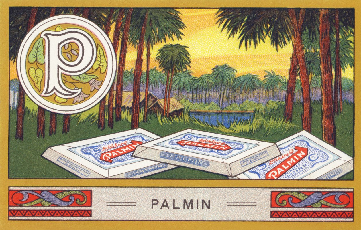 P: Palmin - Alphabet Palmin. Serie von Chromolithographien herausgegeben von H. Schlinck & Cie, Hamburg. Werbung für Palmin feinstes Kokosfett. von William M. Timlin