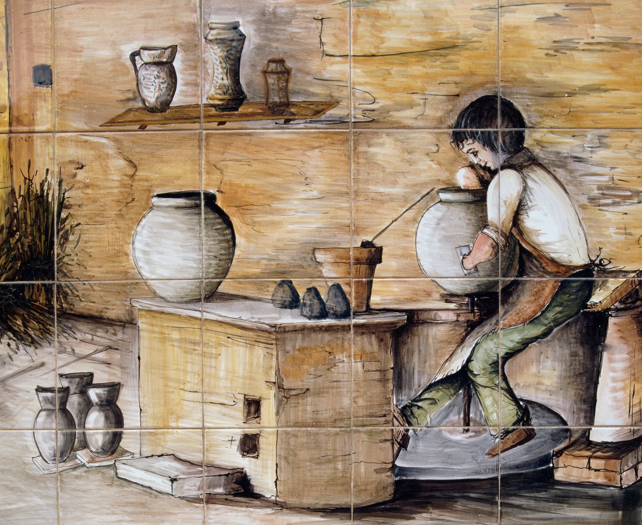 Bemalte Majolika-Tafel, die eine Töpferszene darstellt, handgefertigt von Ceramiche Desuir, Santo Stefano di Camastra, Sizilien, Italien, Detail von William M. Timlin
