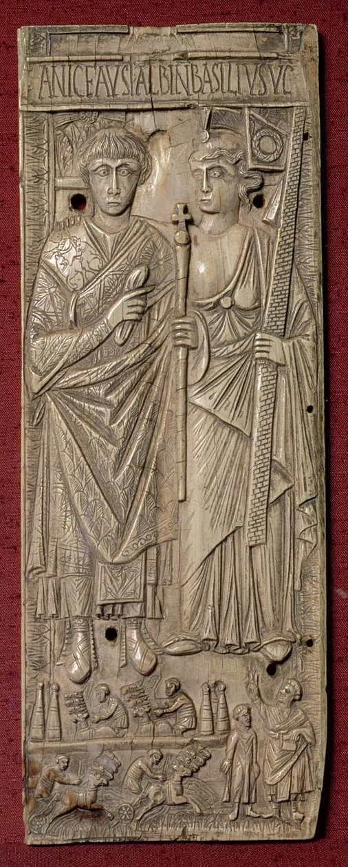 Plakette, die Basiliscus, Kaiser des Ostens (gest. 478) mit einem Wagenrennen darunter darstellt, Römisch, 480 n. Chr. von Unbekannt
