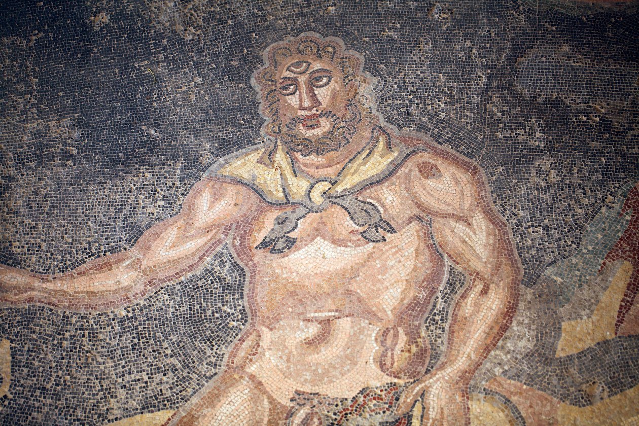Polyphem-Halle. Detail des Zyklopen, der die Eingeweide einer Ziege verschlingt. 3. - 4. Jahrhundert. Römische Villa del Casale, Sizilien. UNESCO-Stätte. von Unbekannt