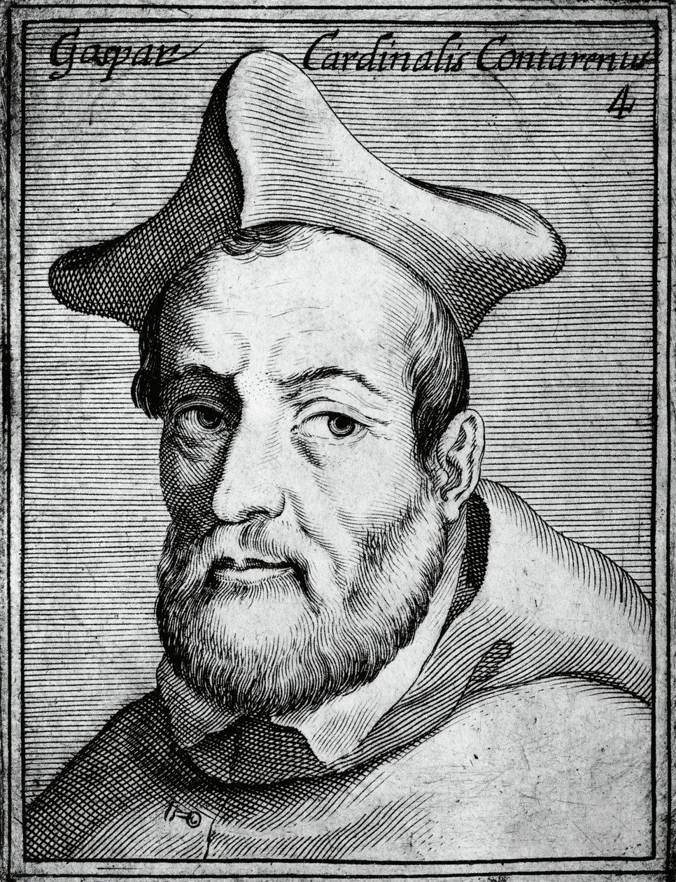 Porträt von Gasparo Contarini (1483-1542), italienischer Kardinal und Bischof, Gravur aus Illustrissimorum, omnique virtutis, et scientiarum laude praestantissimoru virorum icones, von Claudius Pernetus von William M. Timlin