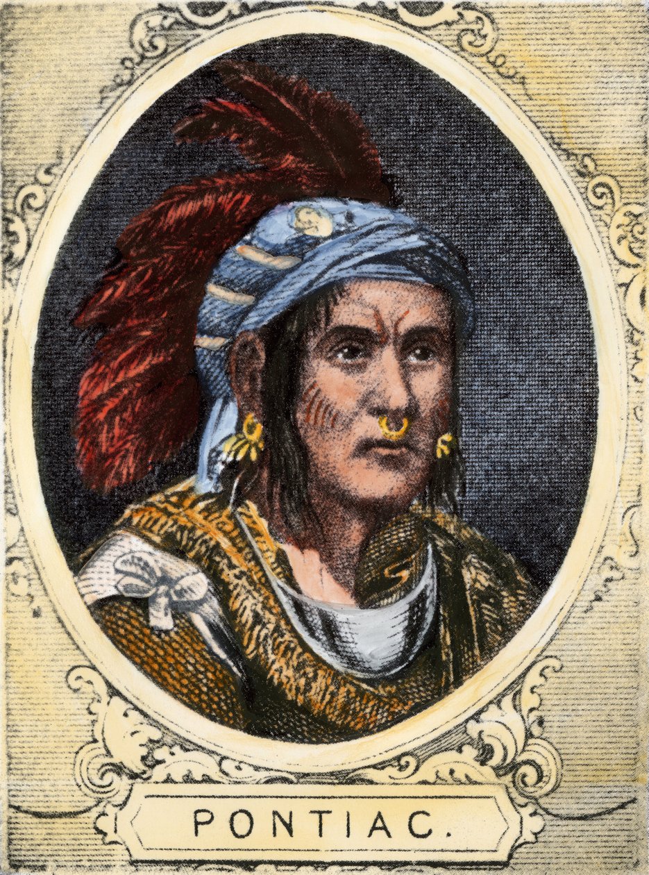 Porträt von Pontiac (oder Obwandiyag, ca. 1714-1769), Häuptling des Indianerstammes der Outaouais-Indianer von Detroit (Ottawa-Nation). Farbige Gravur des 19. Jahrhunderts. von Unbekannter Künstler
