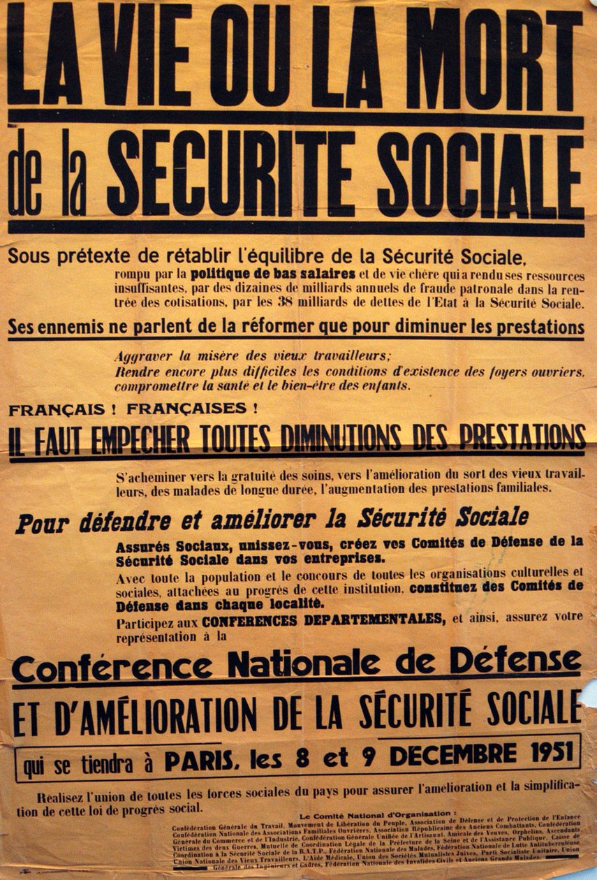 Plakat der CGT (Französische Gewerkschaft) für eine Konferenz über die Sécurité Sociale von Unbekannt