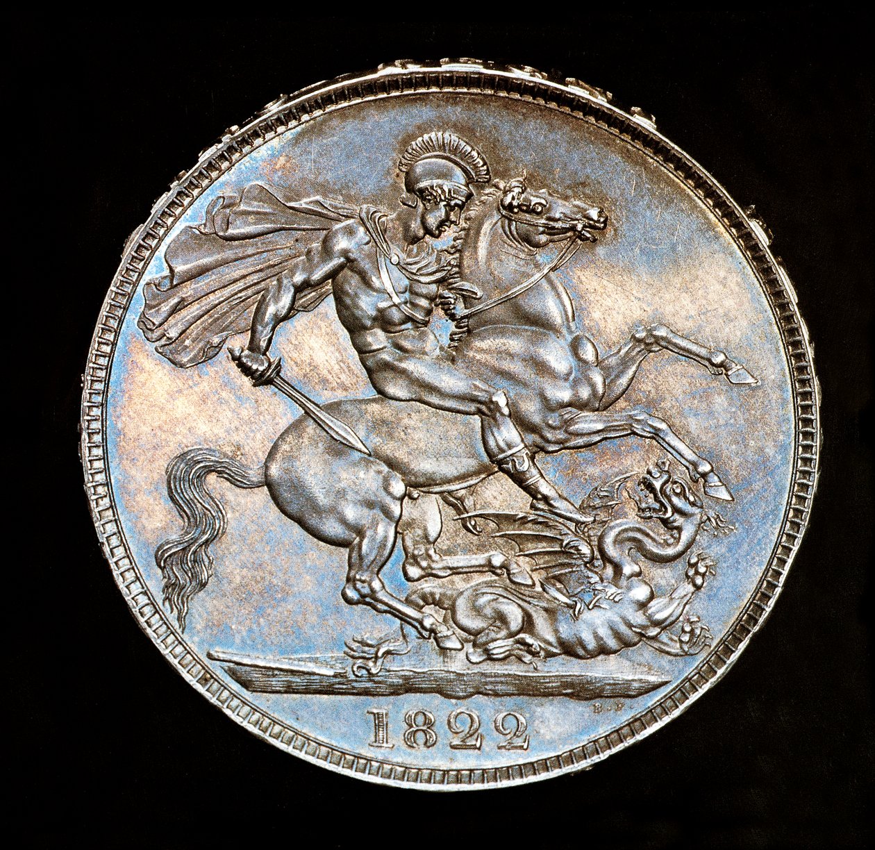 Seltene britische Münze, König George IV, Proof-Silberkrone, Schutzpatron von England zu Pferd mit Schwert, bereit den Drachen zu töten, Stempel von Benedetto Pistrucci von Unbekannter Künstler