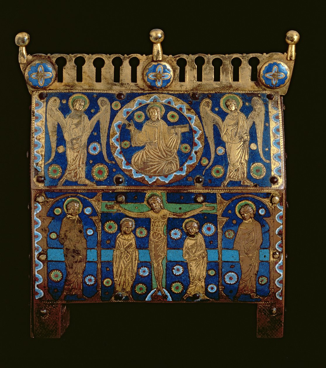 Reliquienschrein, dekoriert mit Emailleplatten, die die Kreuzigung und die Apotheose Christi darstellen, Französisch, hergestellt in Limoges von Unbekannt