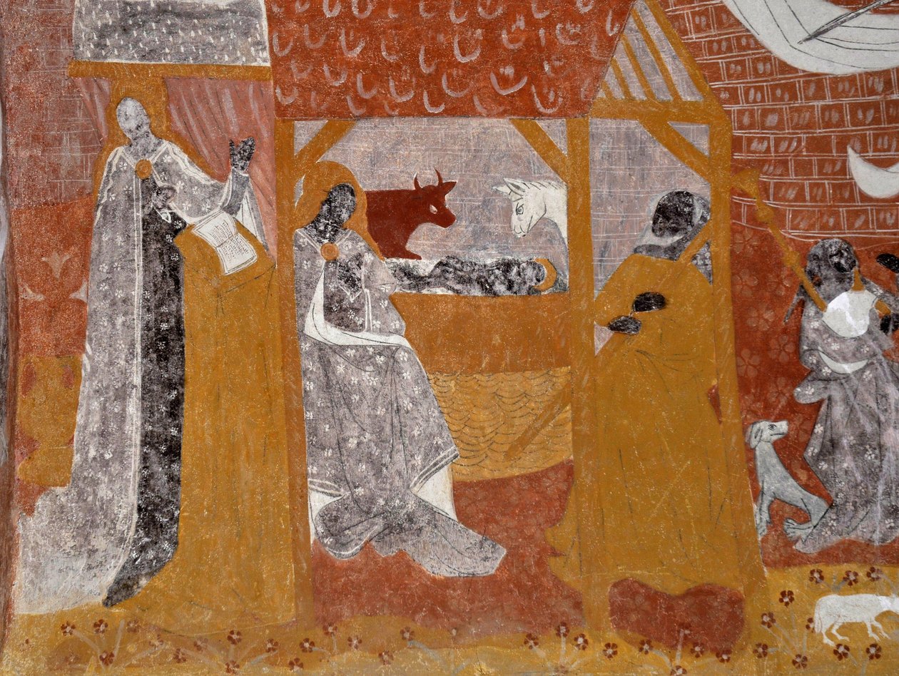Romanische Kunst: Fresken der Begräbniskapelle Sainte Catherine de Jouhet, Vienne, Poitou-Charentes, Frankreich. Geburt Christi. Fotografie von Unbekannter Künstler
