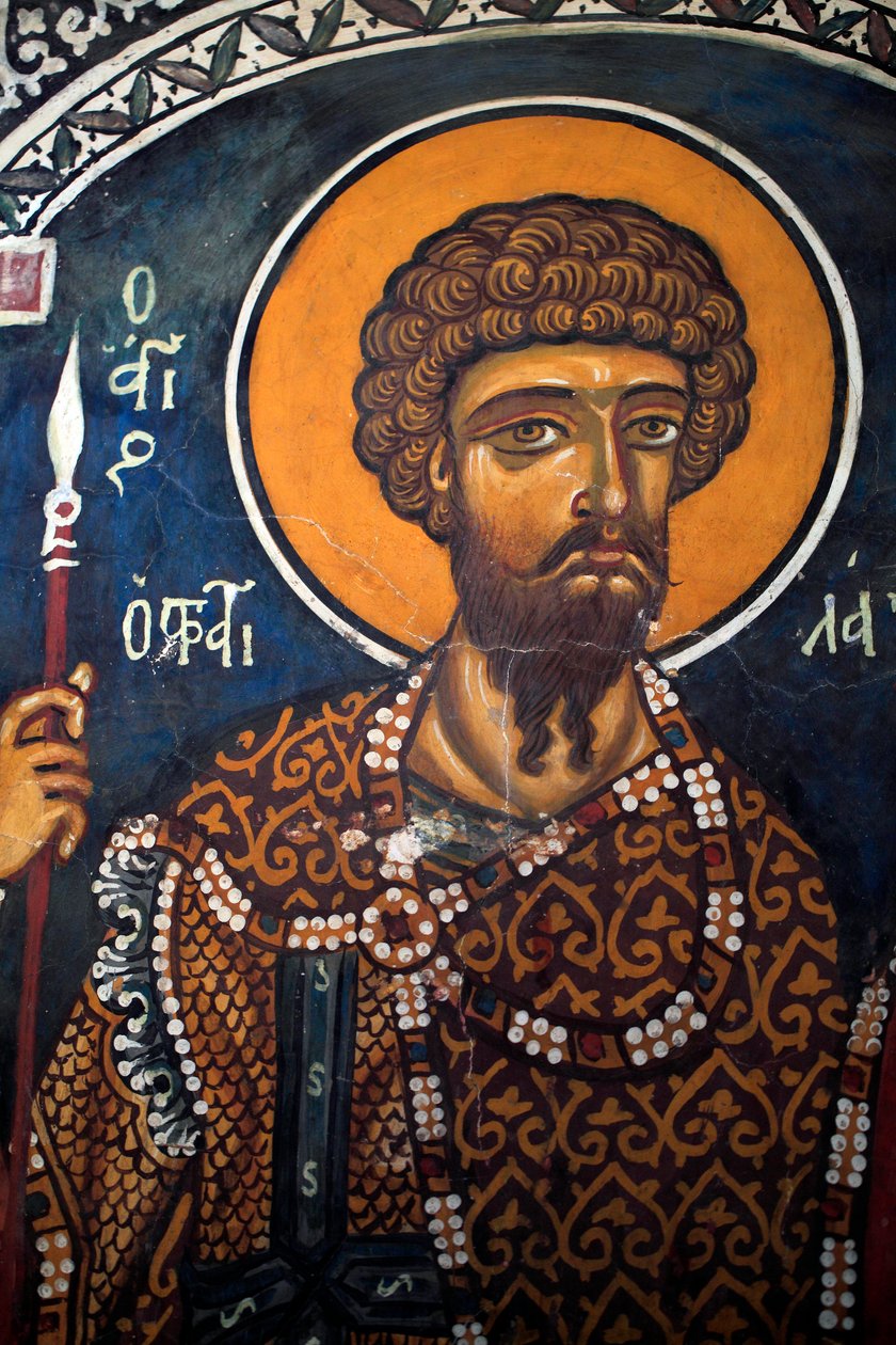 Heiliger Theodor Statelates: Byzantinisches Fresko aus dem 14. Jahrhundert (1332) Phorbiotissa Jungfrauenkirche, Asinou Zypern Bemalte Kirchen UNESCO-Stätte Troodos, Zypern von Unbekannt