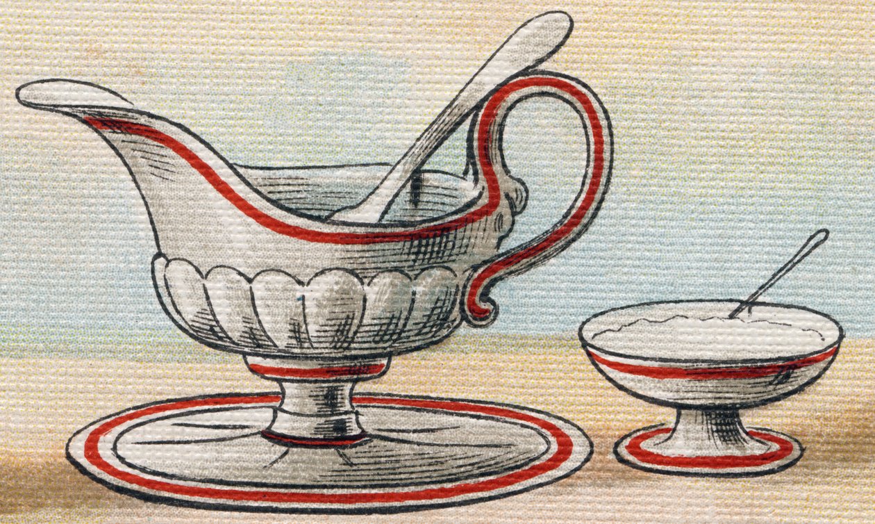 Sauciere und Zuckerdose. Gravur in "Alphabet de ma petite fille". Bernardin-Bechet und Fils, Buchhändler-Verleger, Paris, um 1895. von Unbekannt