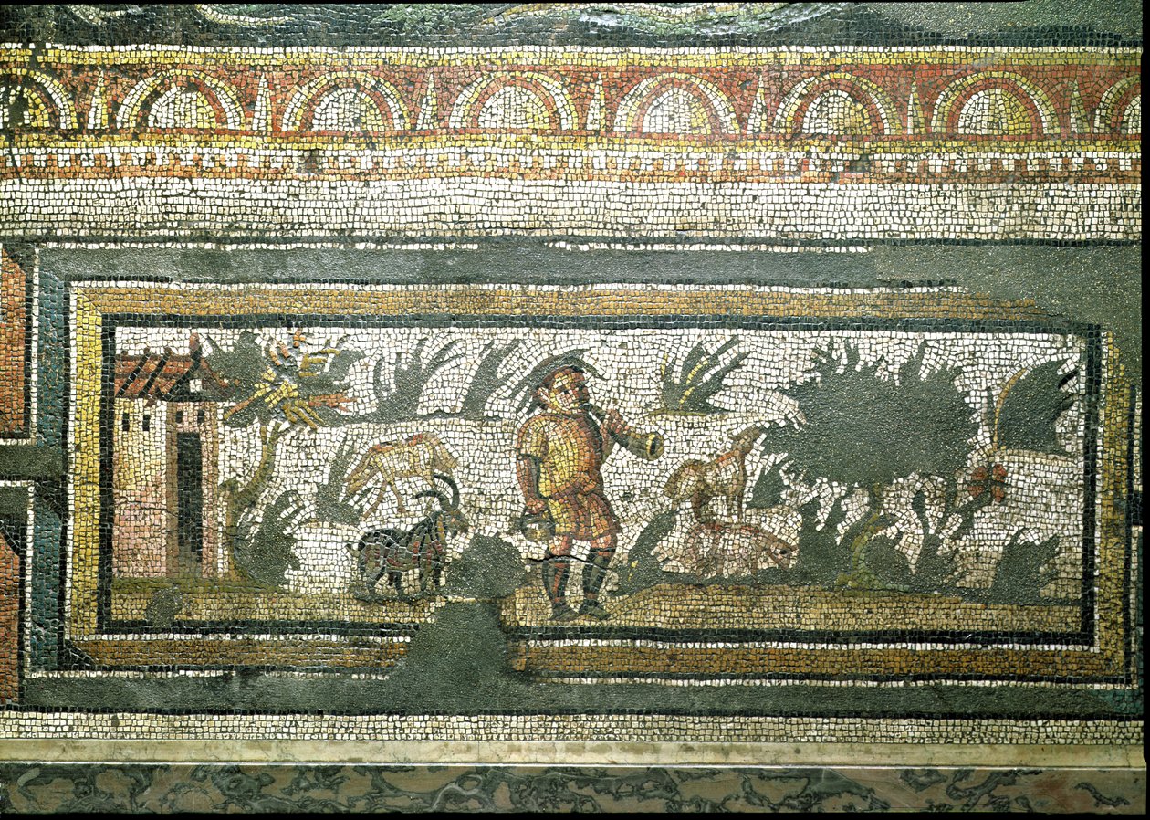 Szene eines Ziegenhirten mit seinen Ziegen, Detail des Randes eines Mosaikpflasters, das die Jahreszeiten und Jagdszenen darstellt, aus der konstantinischen Villa in Daphne, römisch, ca. 325-330 n. Chr. von Unbekannt